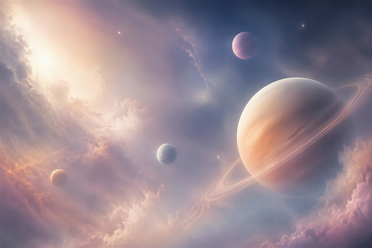 Fototapeta planeta z pierścieniami w różowo fioletowych chmurach