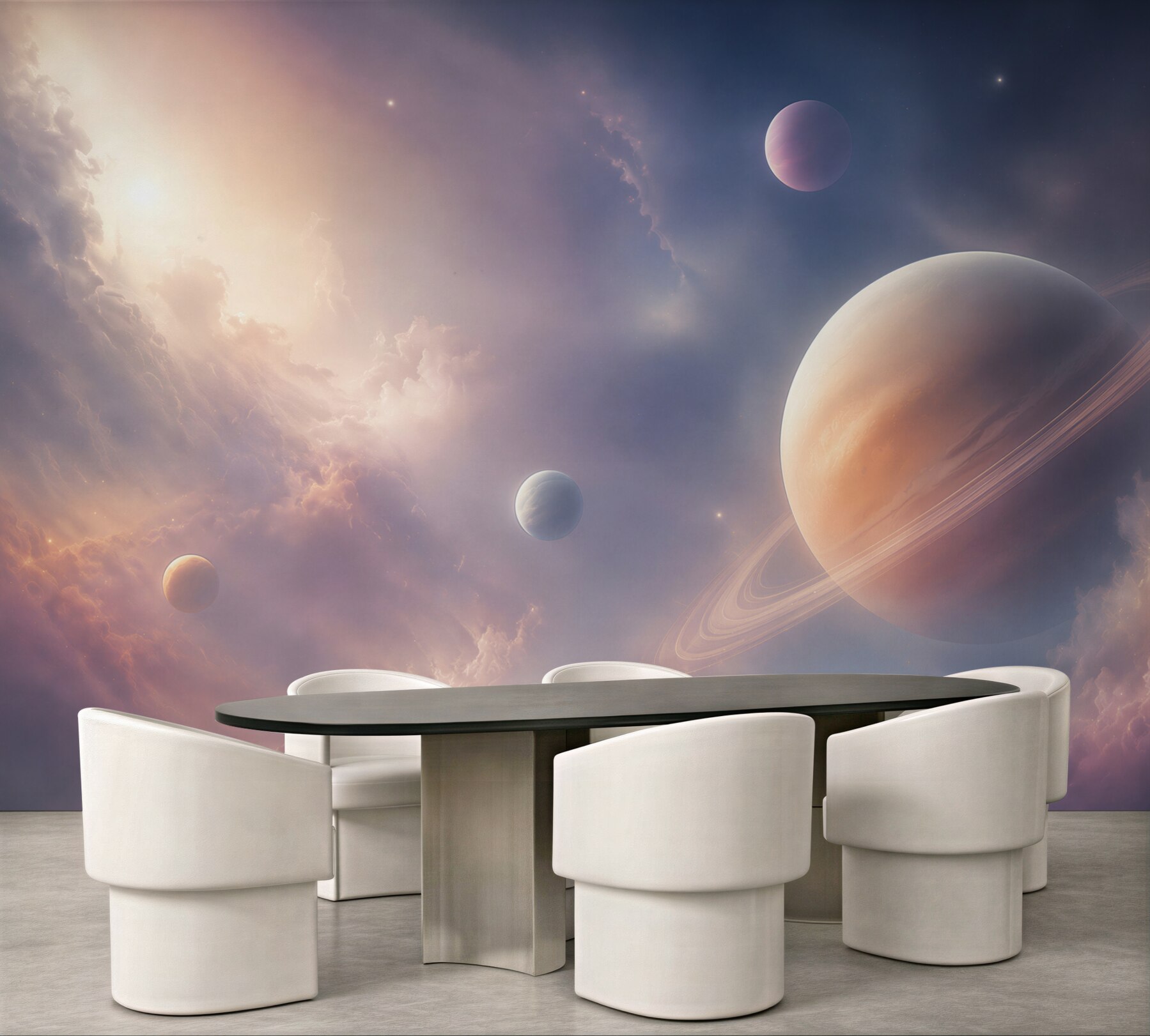Fototapeta planeta z pierścieniami w różowo fioletowych chmurach?v23