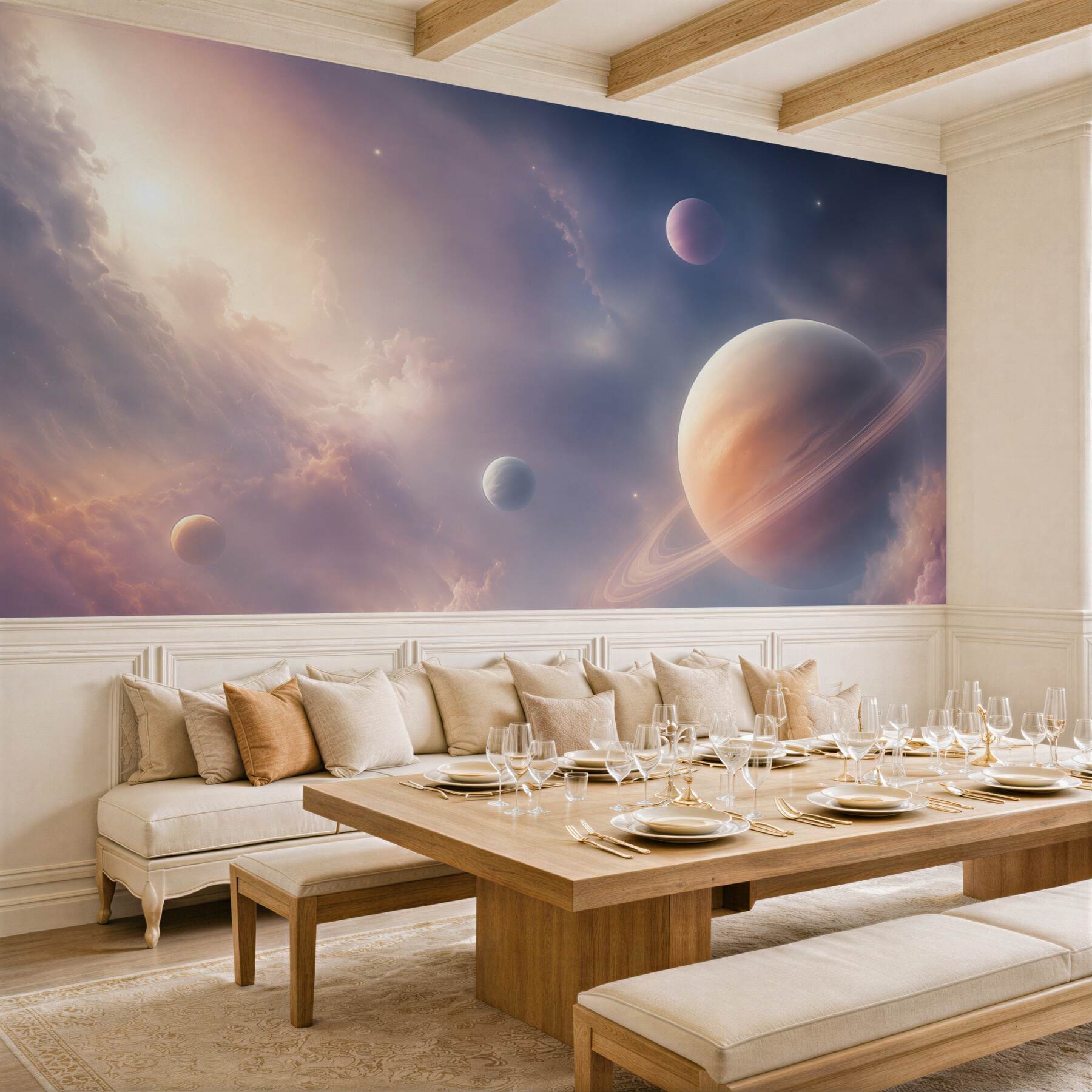 Fototapeta planeta z pierścieniami w różowo fioletowych chmurach?v23