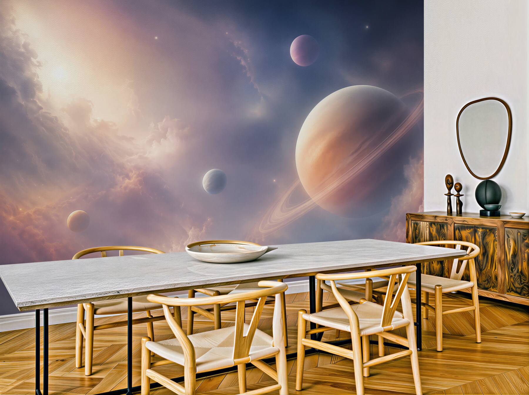 Fototapeta planeta z pierścieniami w różowo fioletowych chmurach?v23