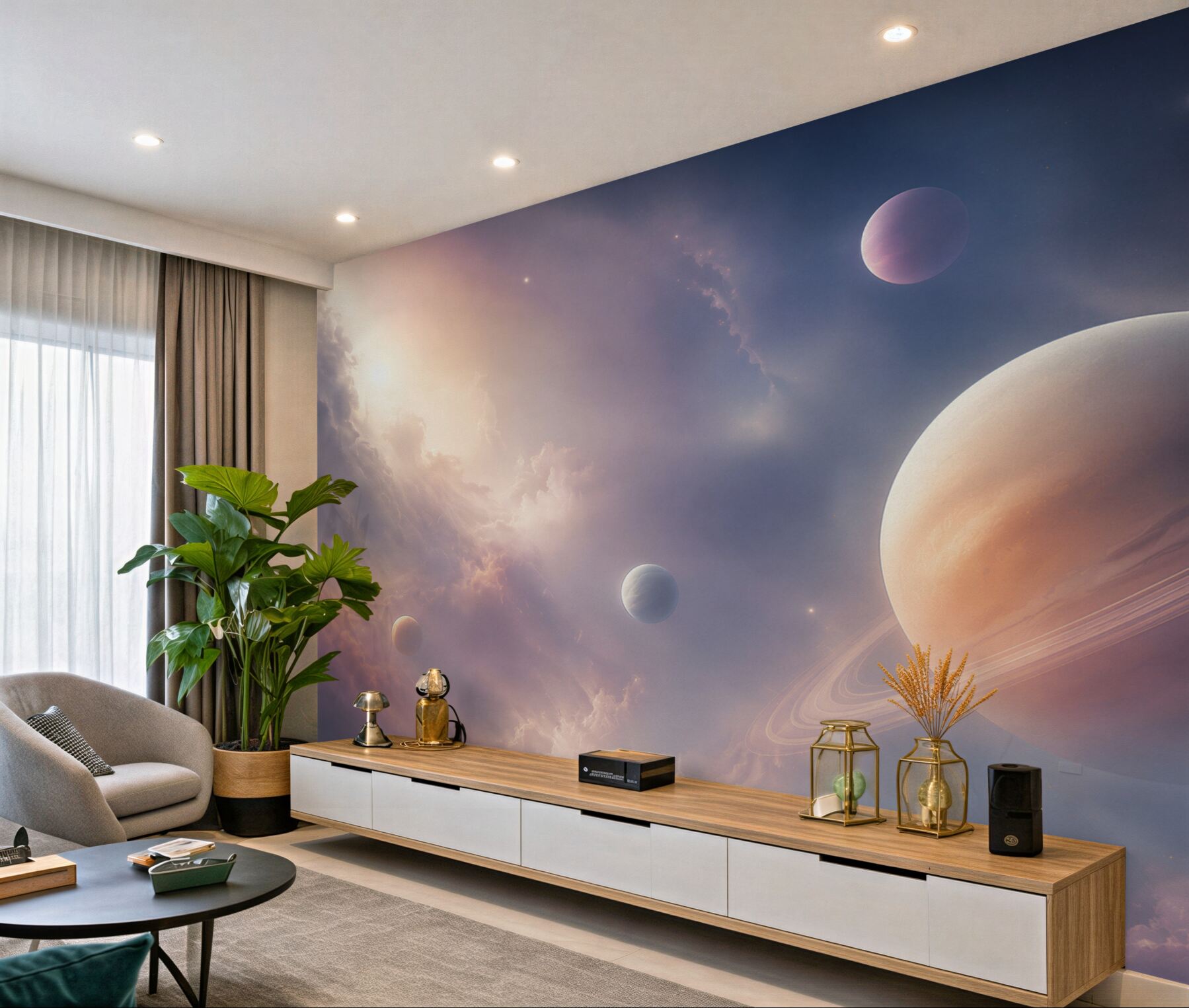 Fototapeta planeta z pierścieniami w różowo fioletowych chmurach?v23