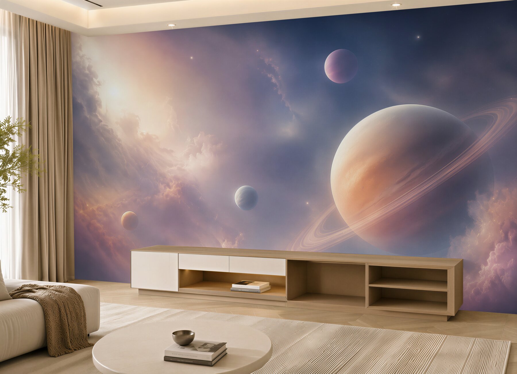 Fototapeta planeta z pierścieniami w różowo fioletowych chmurach?v23