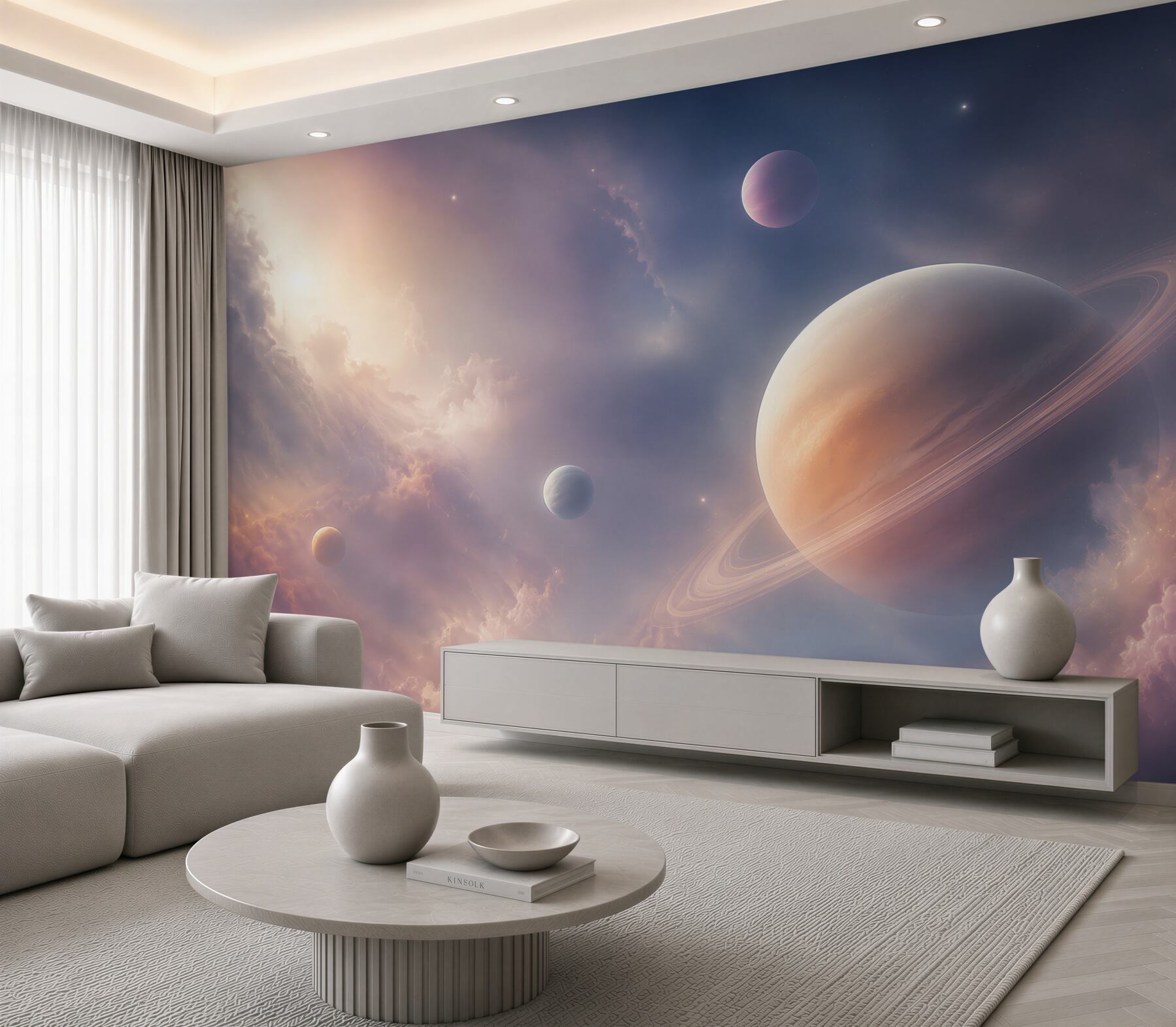 Fototapeta planeta z pierścieniami w różowo fioletowych chmurach?v23