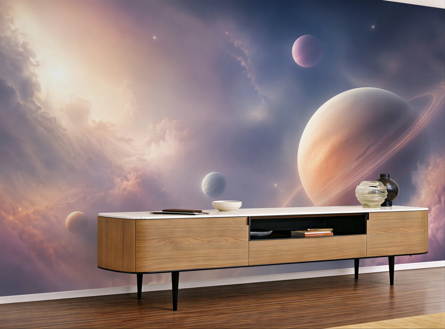 Fototapeta planeta z pierścieniami w różowo fioletowych chmurach?v23