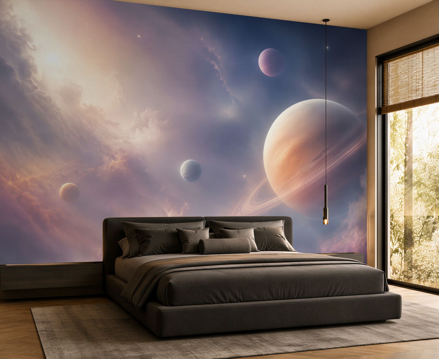 Fototapeta planeta z pierścieniami w różowo fioletowych chmurach?v23
