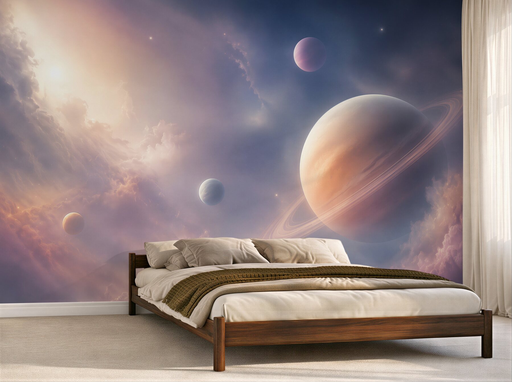 Fototapeta planeta z pierścieniami w różowo fioletowych chmurach?v23