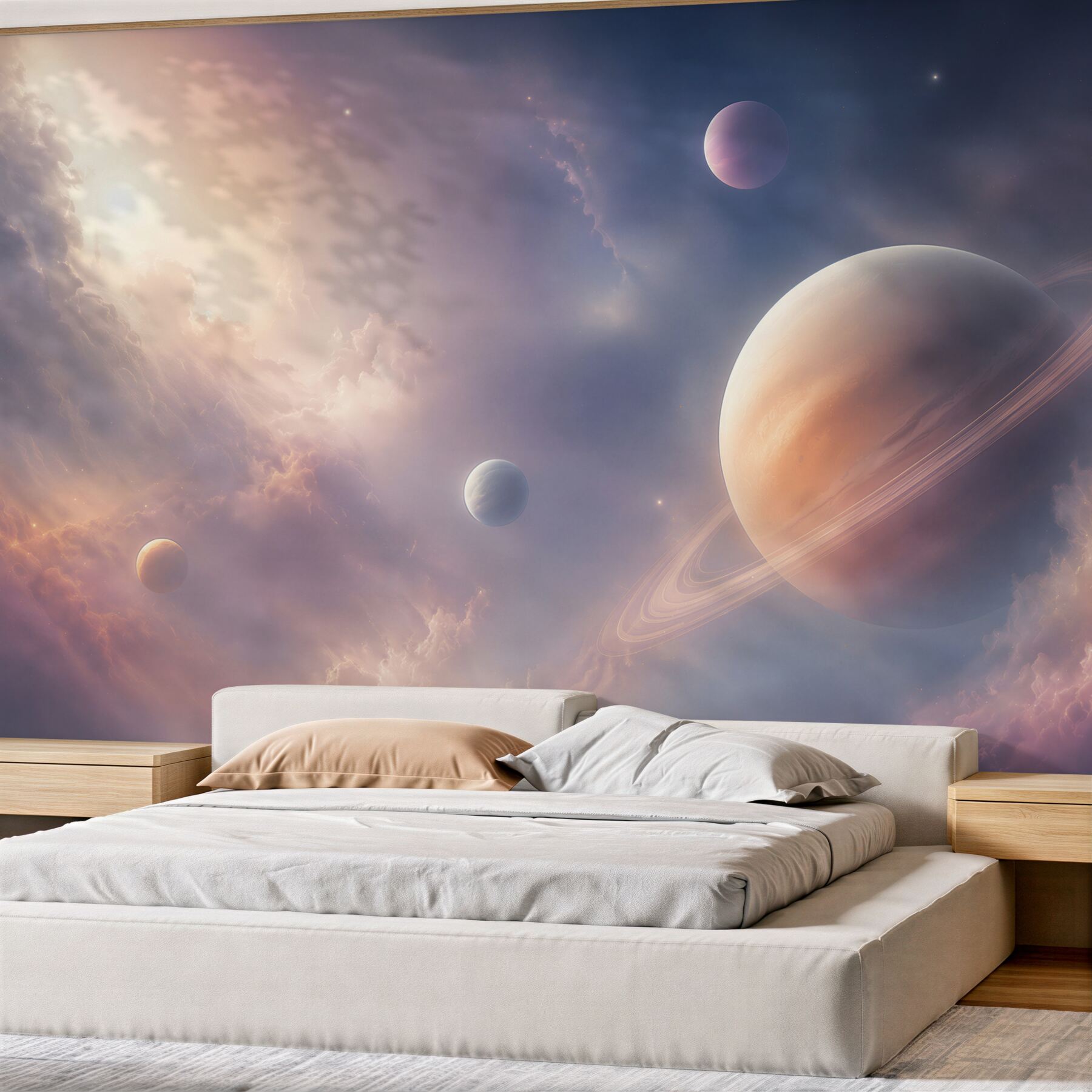 Fototapeta planeta z pierścieniami w różowo fioletowych chmurach