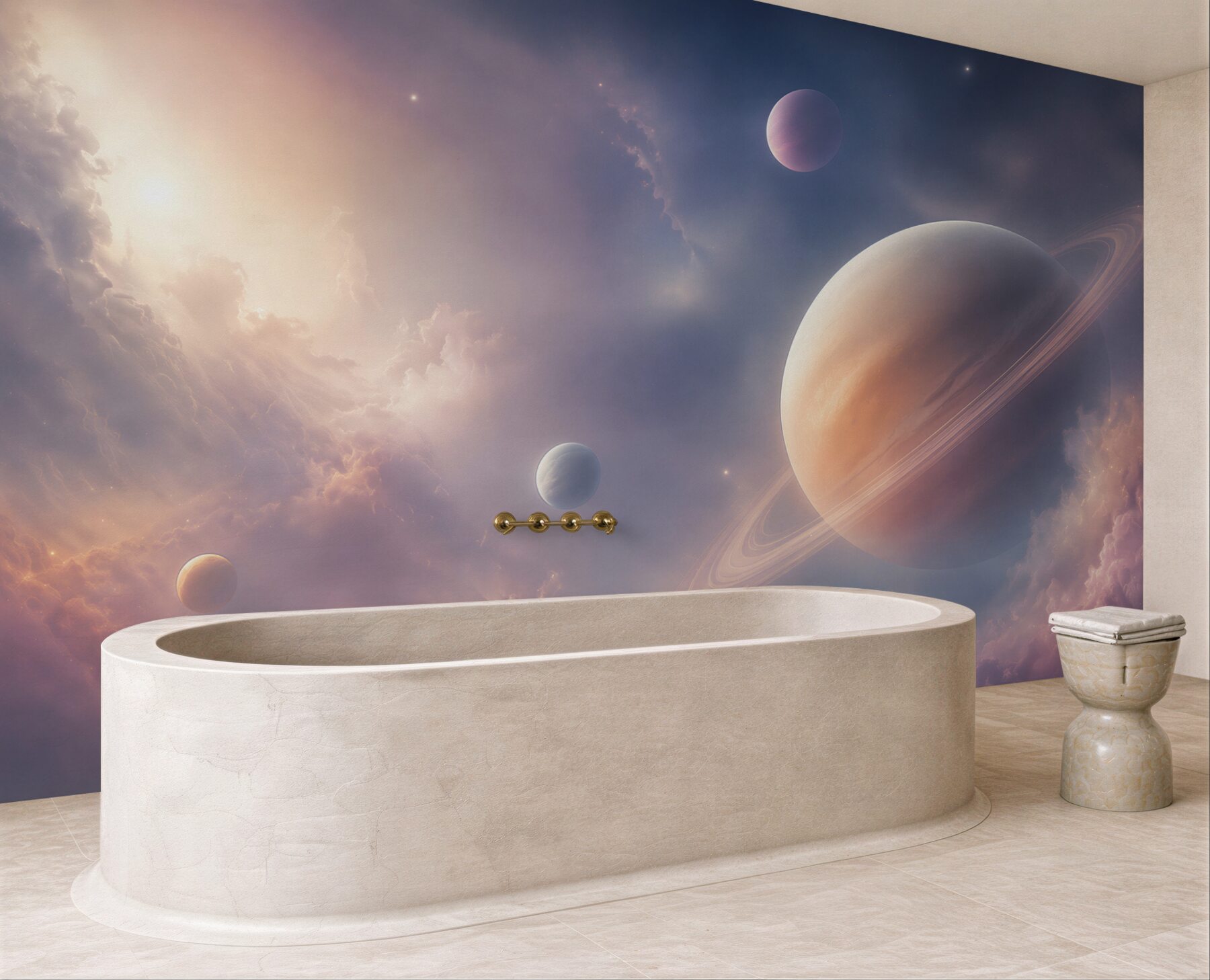 Fototapeta planeta z pierścieniami w różowo fioletowych chmurach?v23