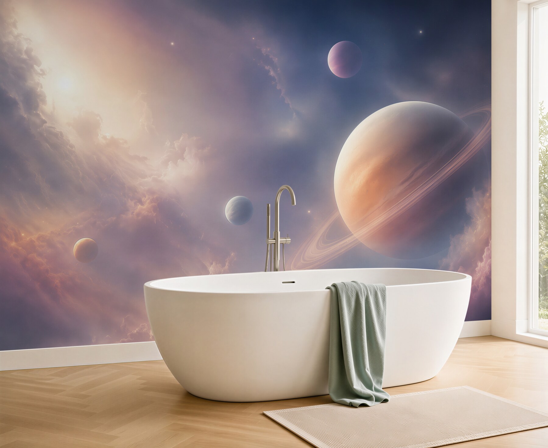 Fototapeta planeta z pierścieniami w różowo fioletowych chmurach?v23