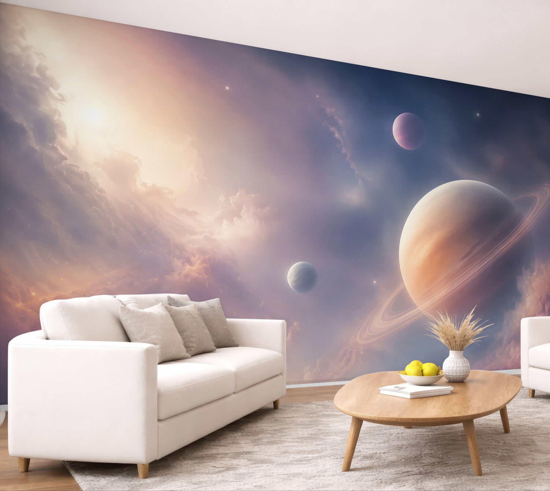 Fototapeta planeta z pierścieniami w różowo fioletowych chmurach?v23