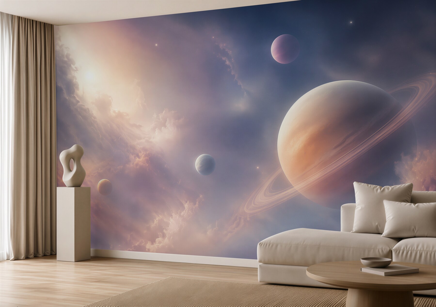 Fototapeta planeta z pierścieniami w różowo fioletowych chmurach?v23