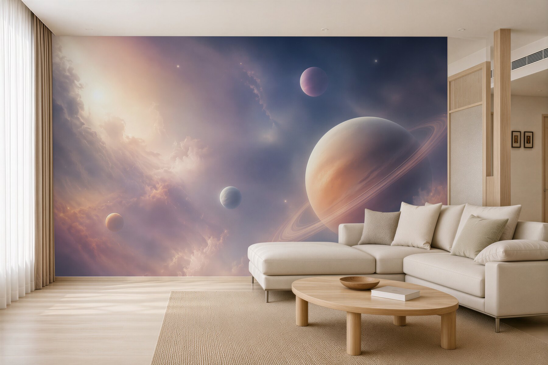 Fototapeta planeta z pierścieniami w różowo fioletowych chmurach?v23