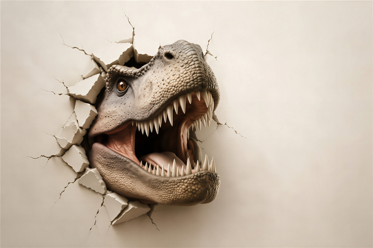 Fototapeta dinozaur tyranozaur 3D wyłaniający się ze ściany