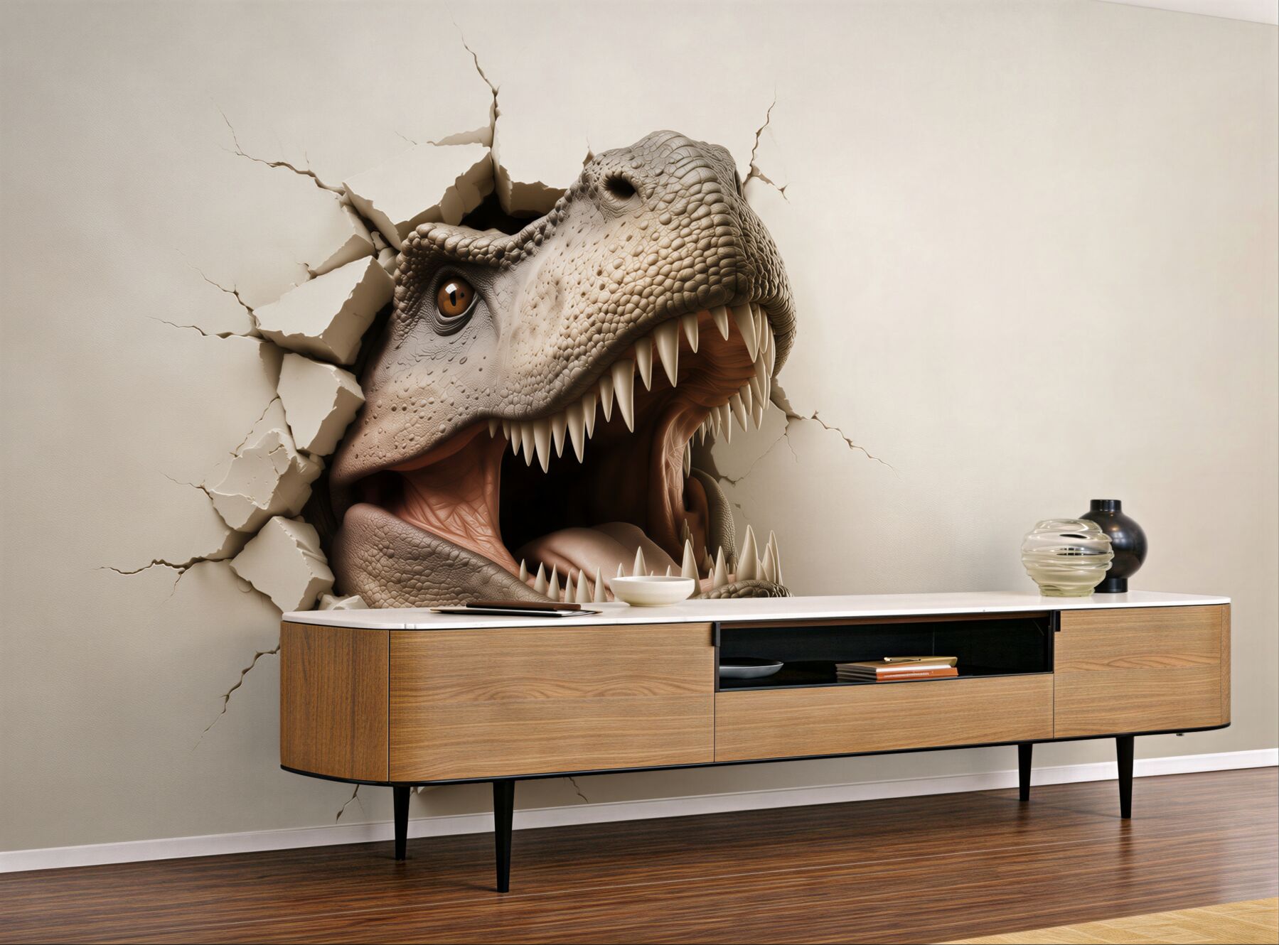 Fototapeta dinozaur tyranozaur 3D wyłaniający się ze ściany?v23