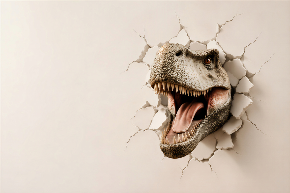 Fototapeta głowa tyranozaura 3D przebijająca ścianę