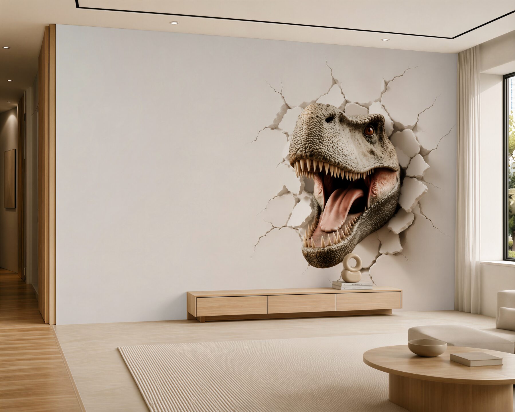 Fototapeta głowa tyranozaura 3D przebijająca ścianę