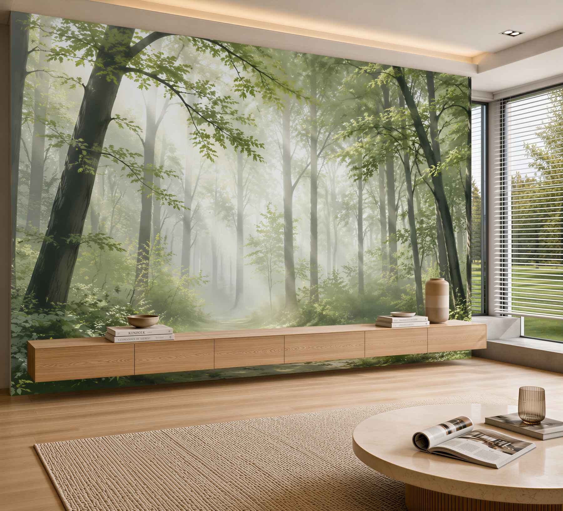 Fototapeta słoneczny las z leśną ścieżką we mgle?v23