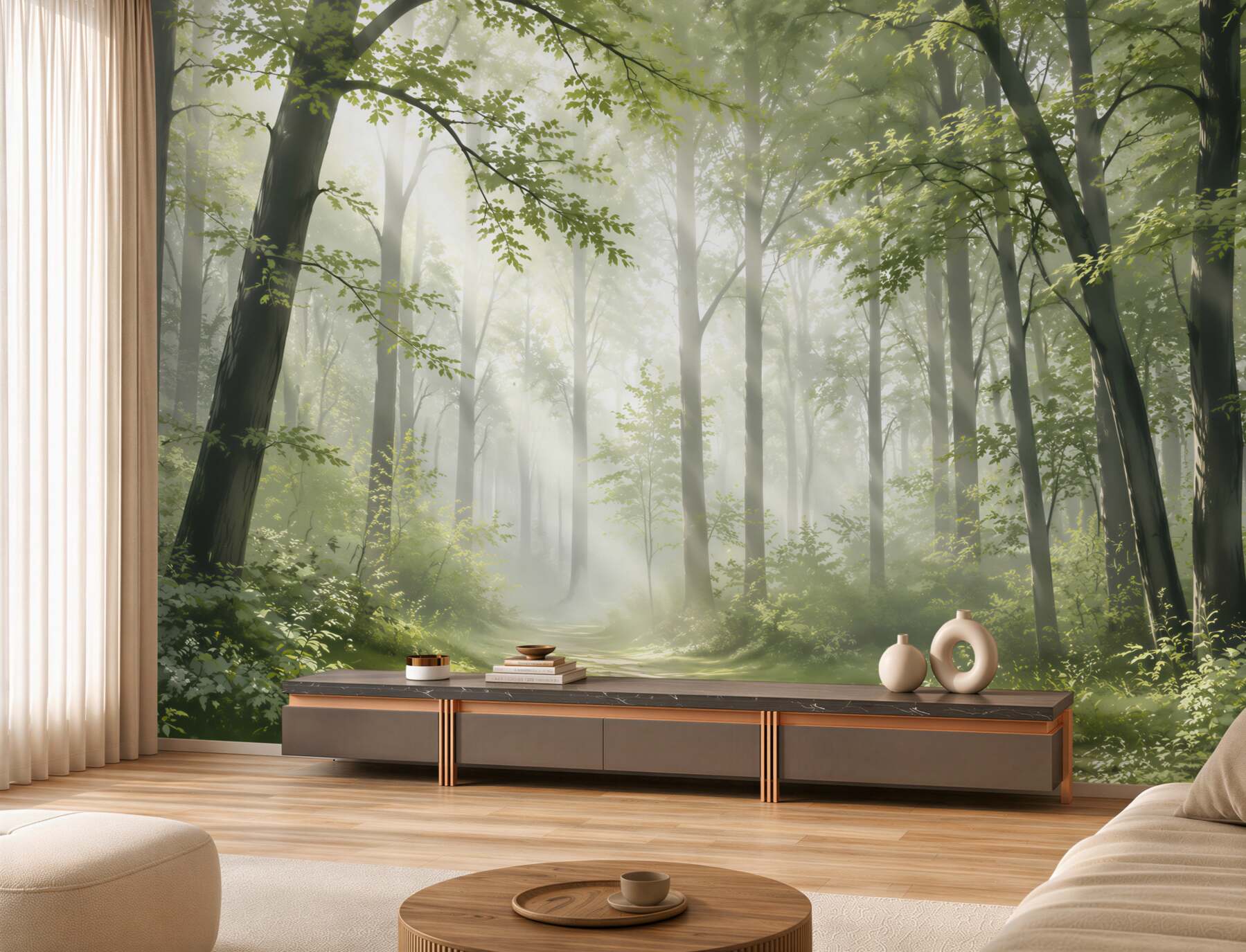 Fototapeta słoneczny las z leśną ścieżką we mgle?v23