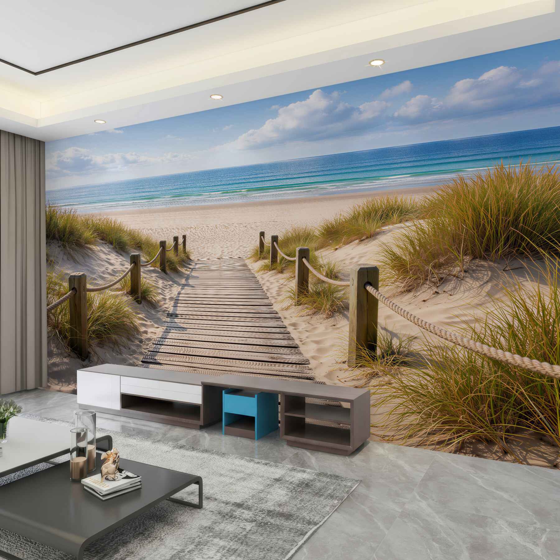 Fototapeta Drewniana ścieżka na spokojną plażę