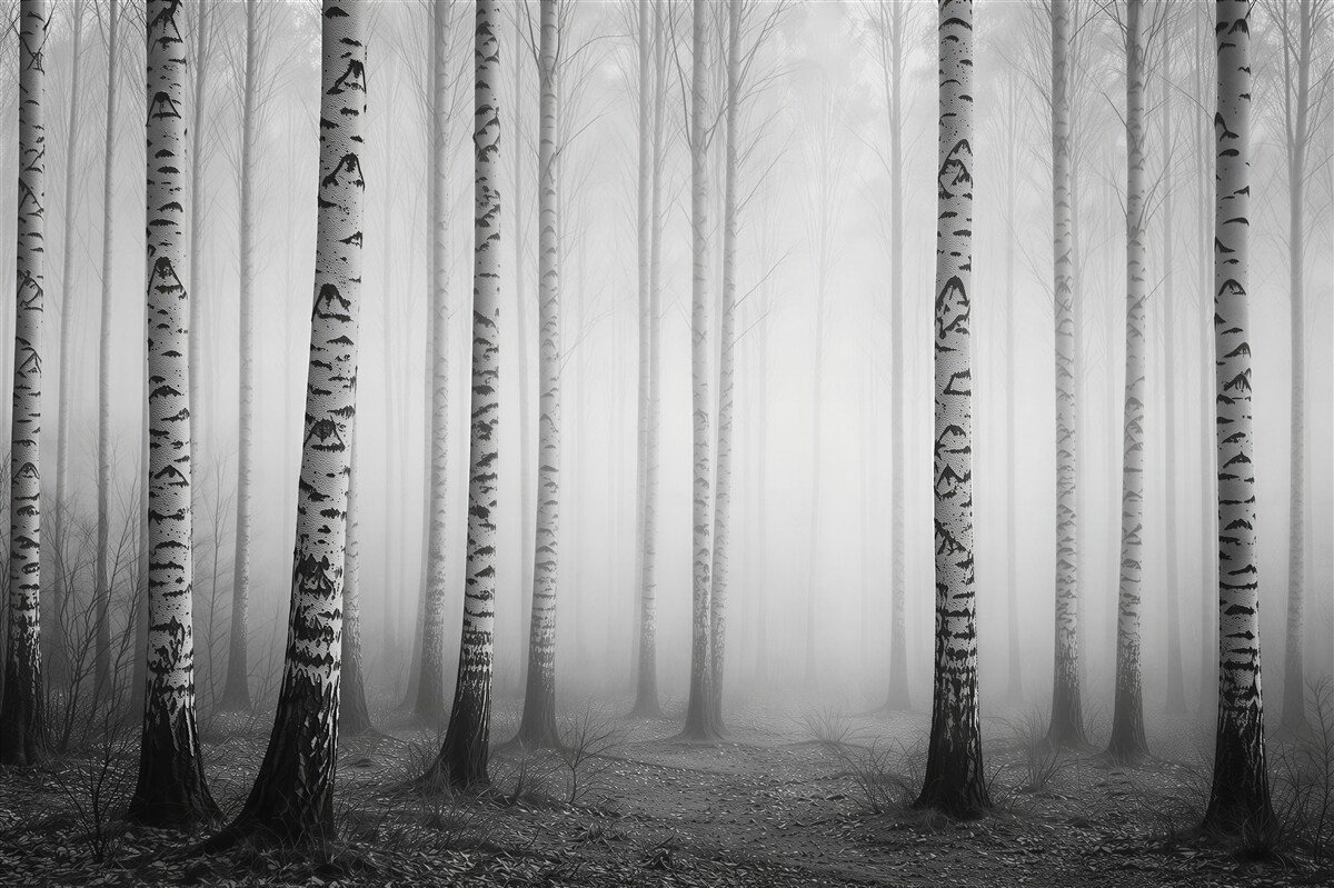 Fototapeta Mglisty brzozowy las w szarościach