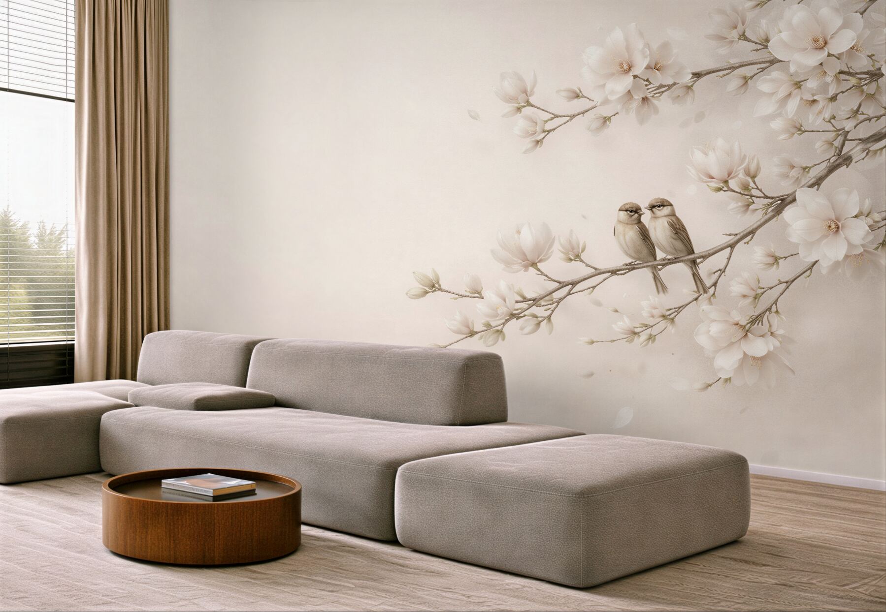 Fototapeta magnolie z ptaszkami w beżu