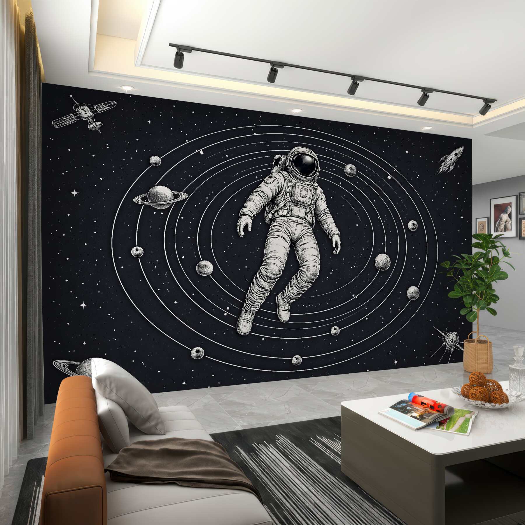 Fototapeta astronauta wśród planet retro