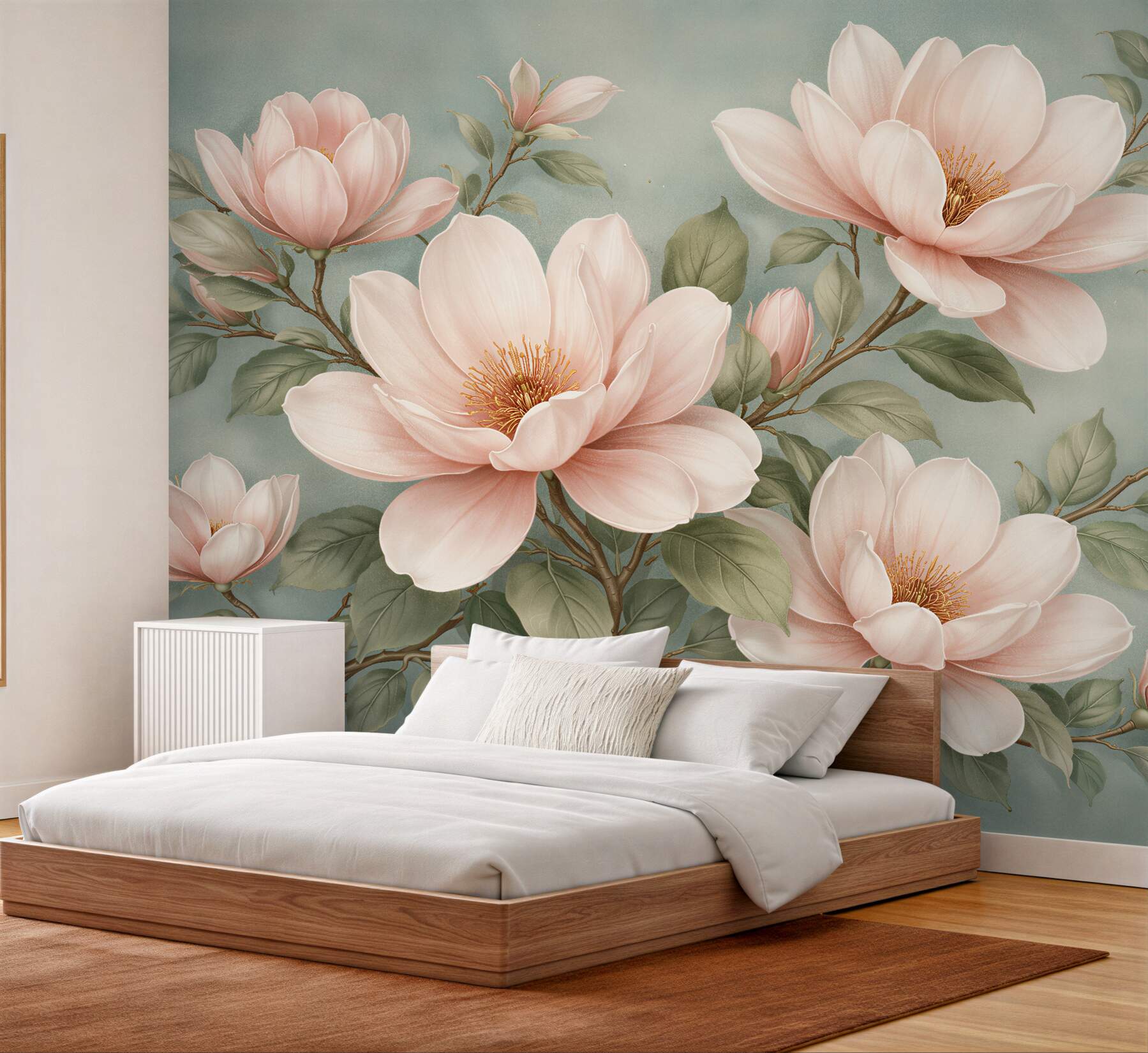Fototapeta pudrowe magnolie na turkusowym tle?v23