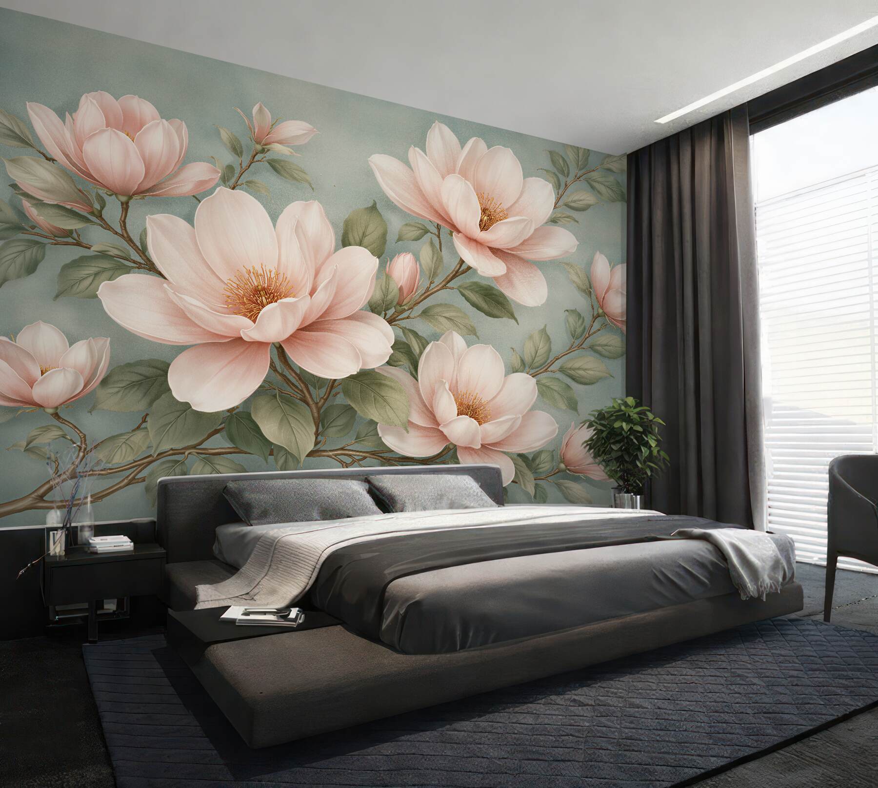 Fototapeta pudrowe magnolie na turkusowym tle