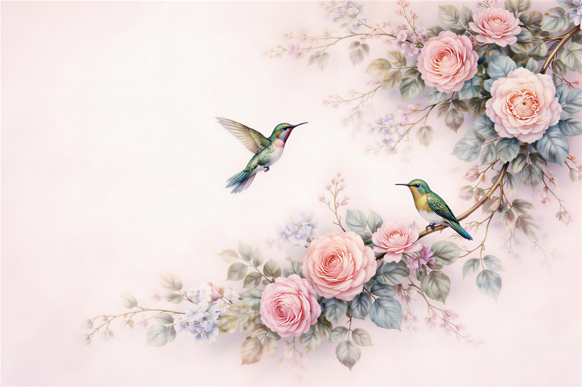 Fototapeta kolibry wśród pastelowych róż