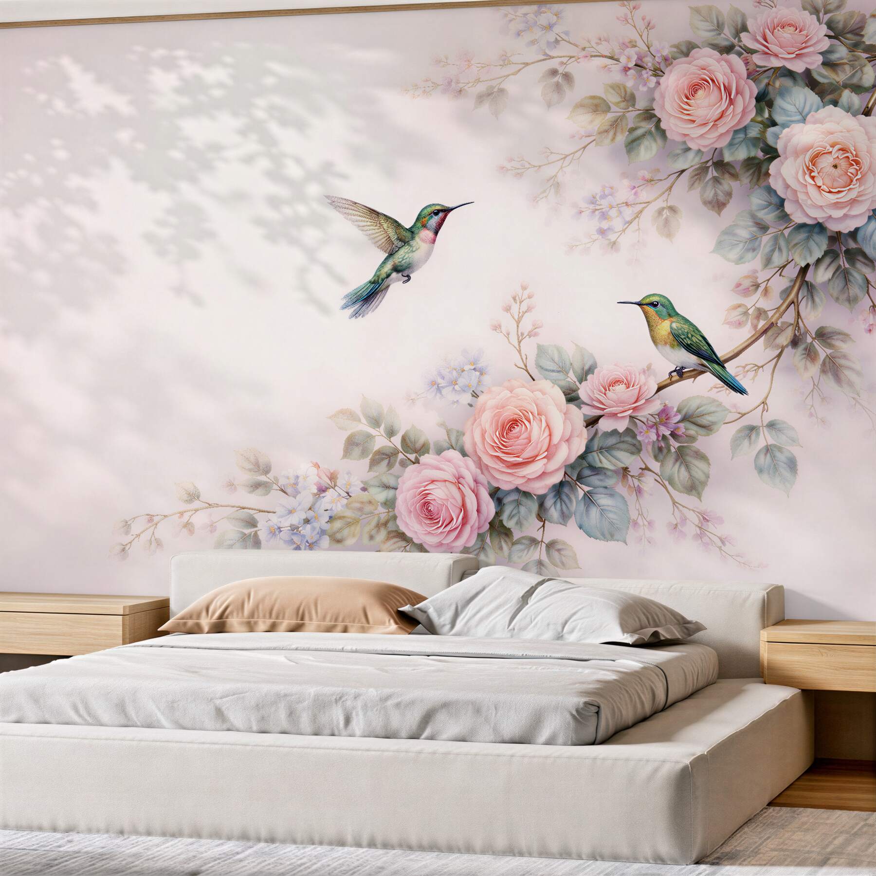 Fototapeta kolibry wśród pastelowych róż?v23