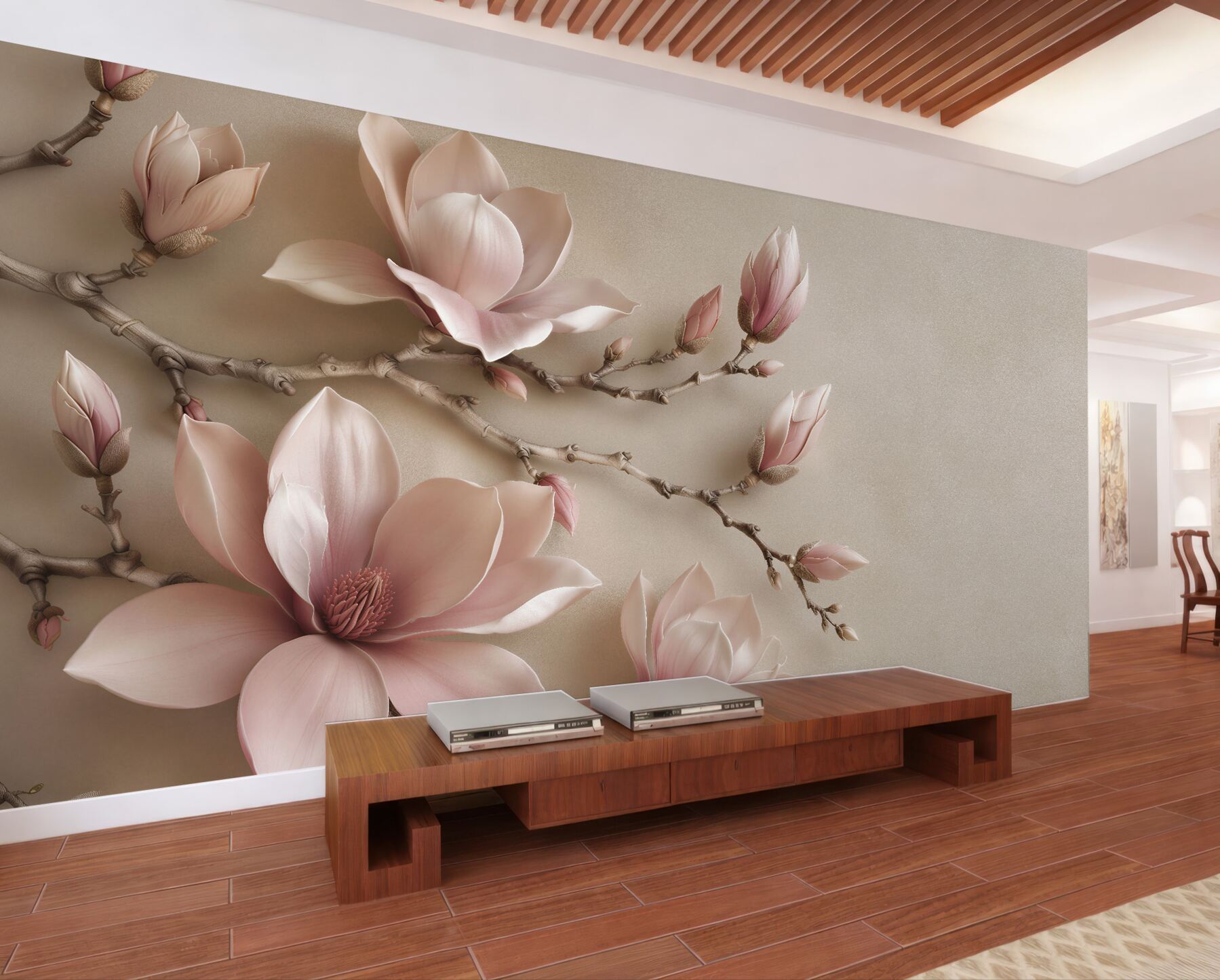 Fototapeta pudrowa magnolia na gałęziach