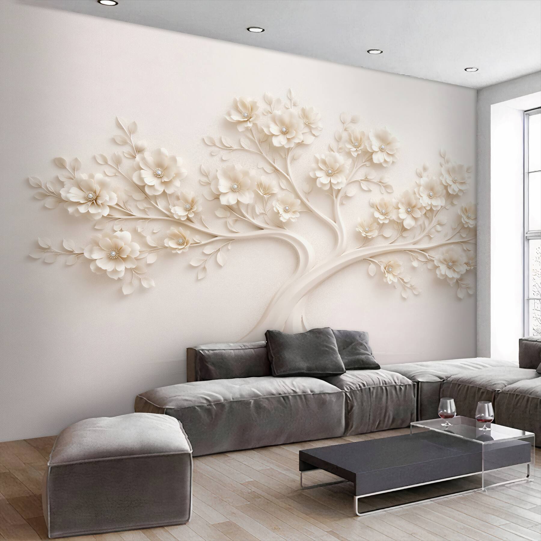 Fototapeta kremowe drzewo z kwiatowym reliefem?v23