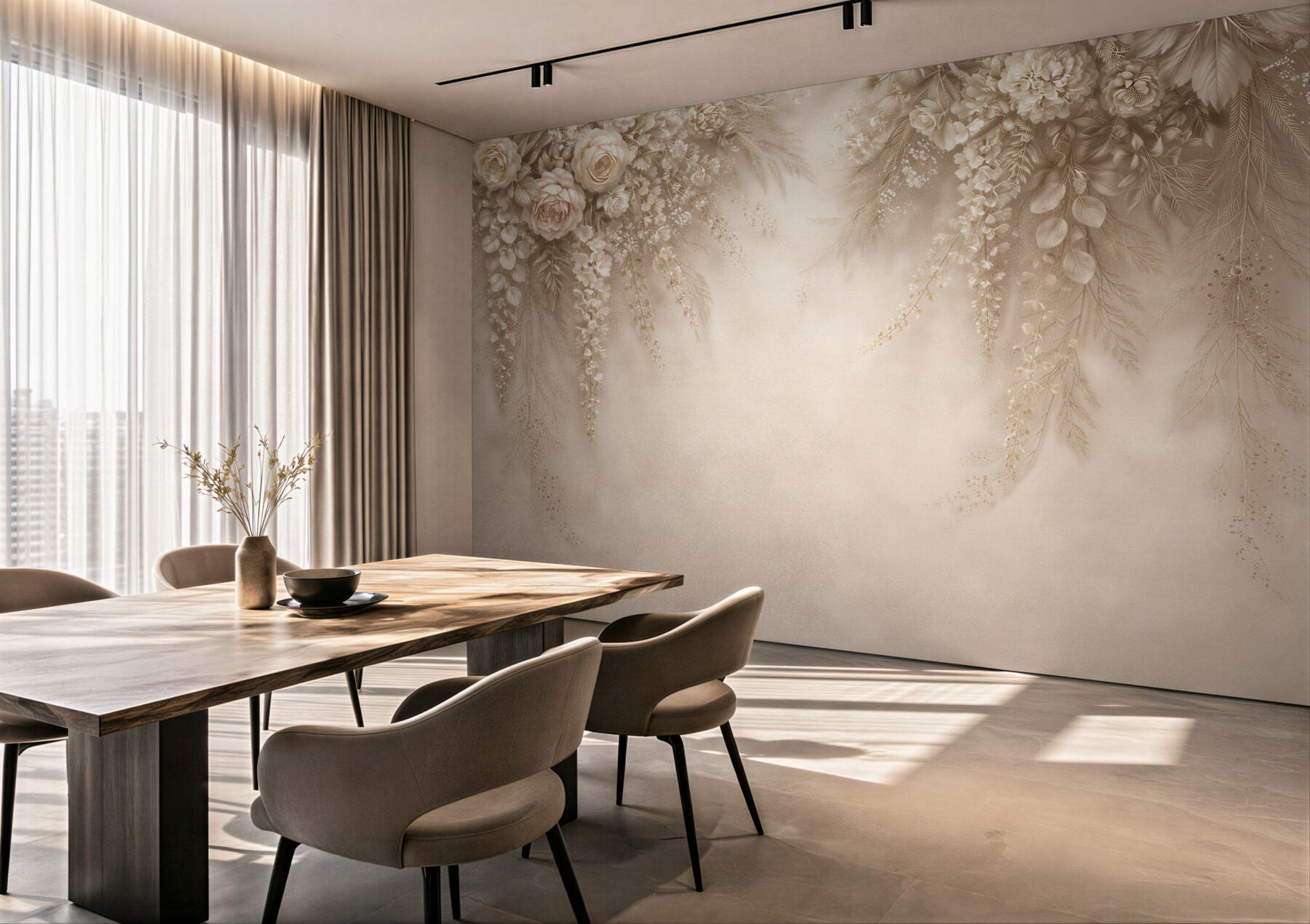 Fototapeta beżowa kaskada kwiatów glamour