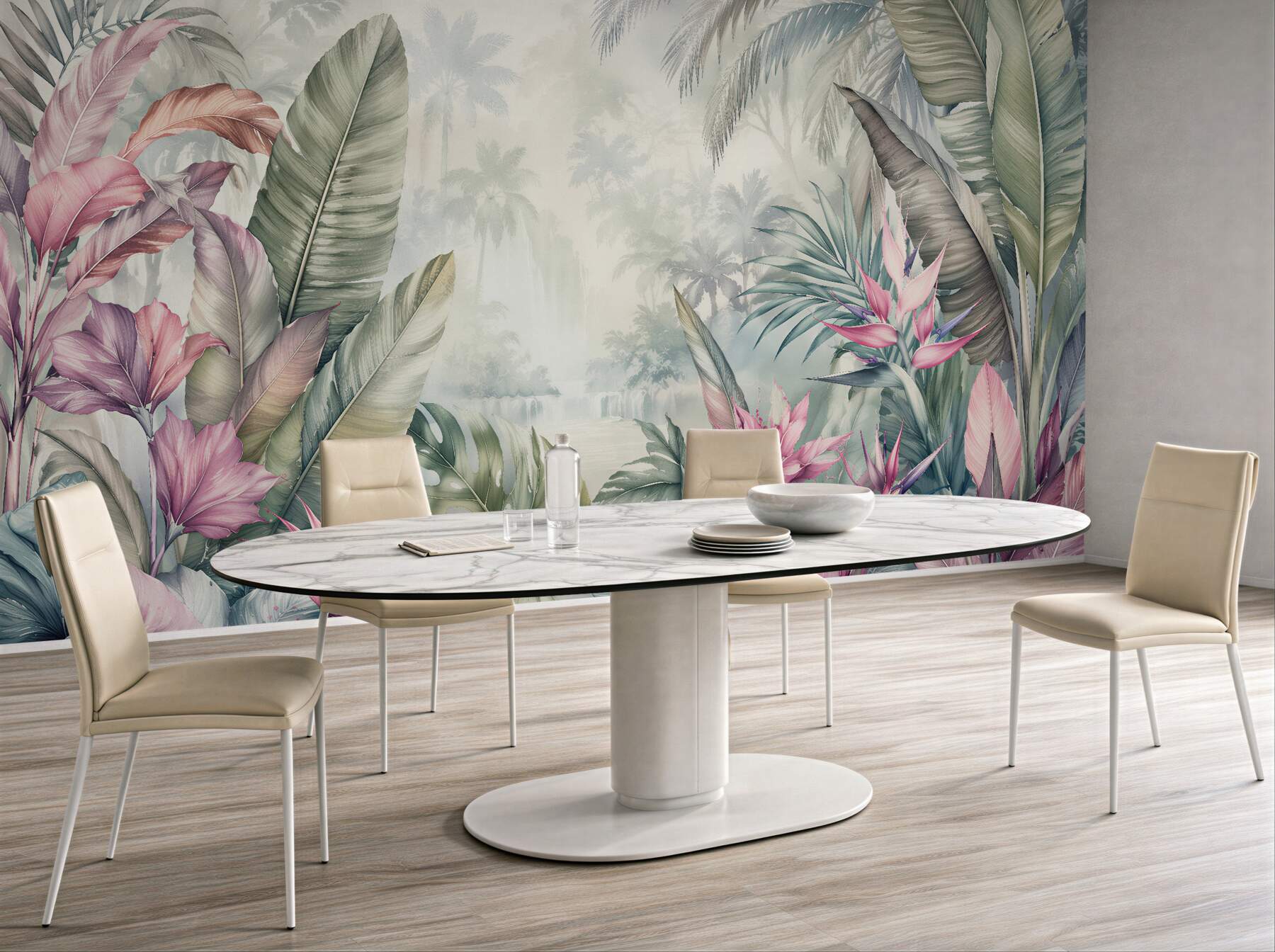 Fototapeta pastelowa dżungla z różowymi liśćmi