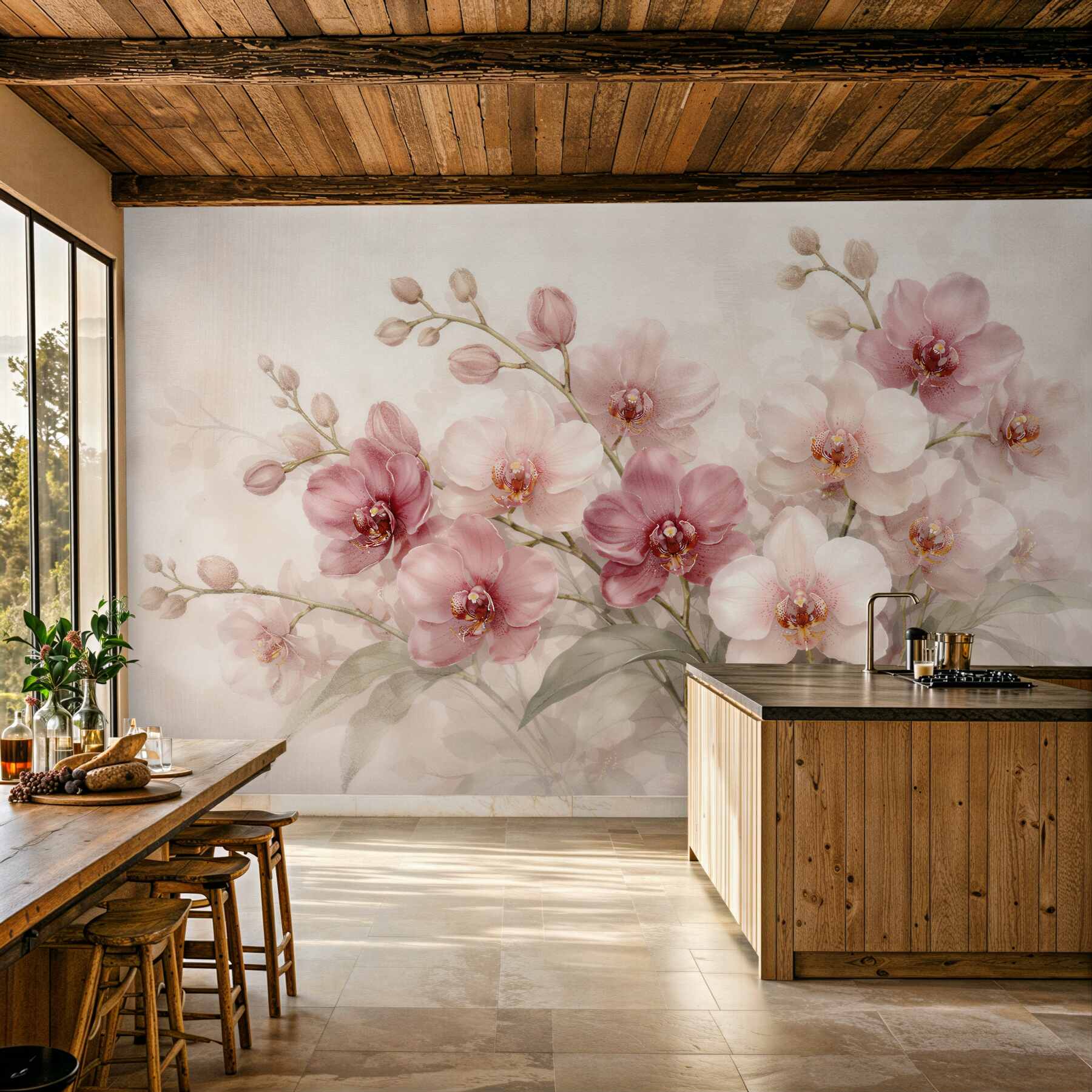 Fototapeta pudrowe orchidee w świetlistej kompozycji