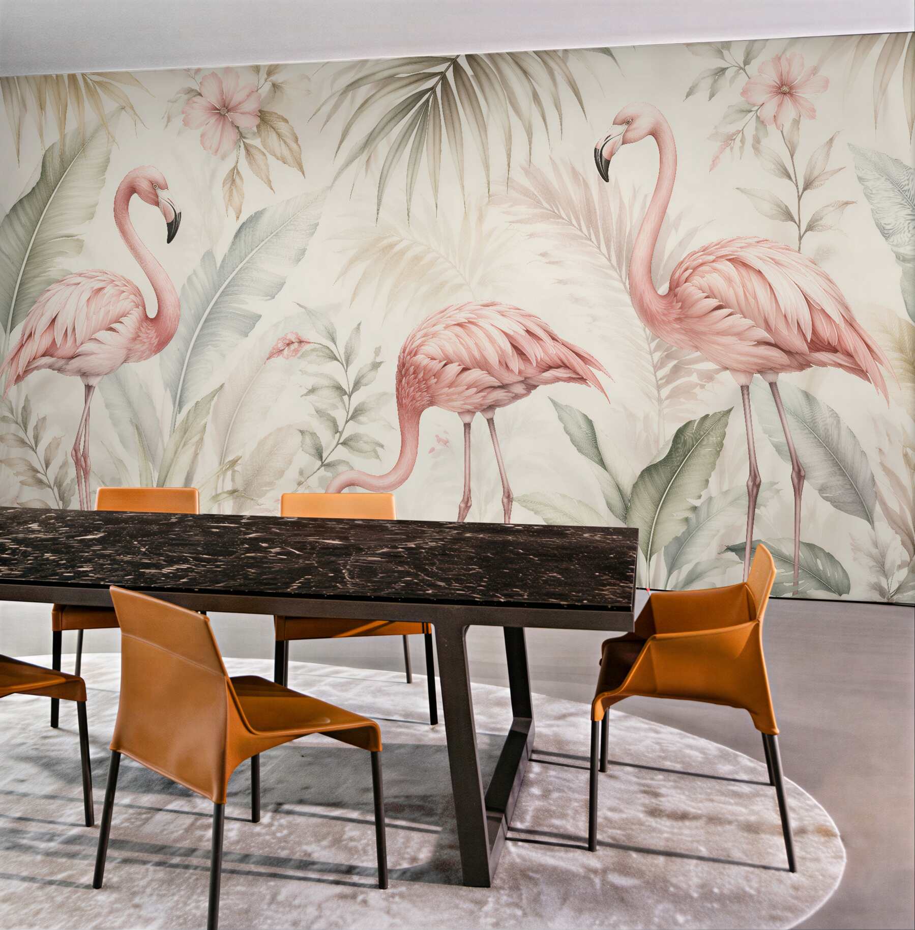 Fototapeta pastelowe flamingi w tropikalnym ogrodzie