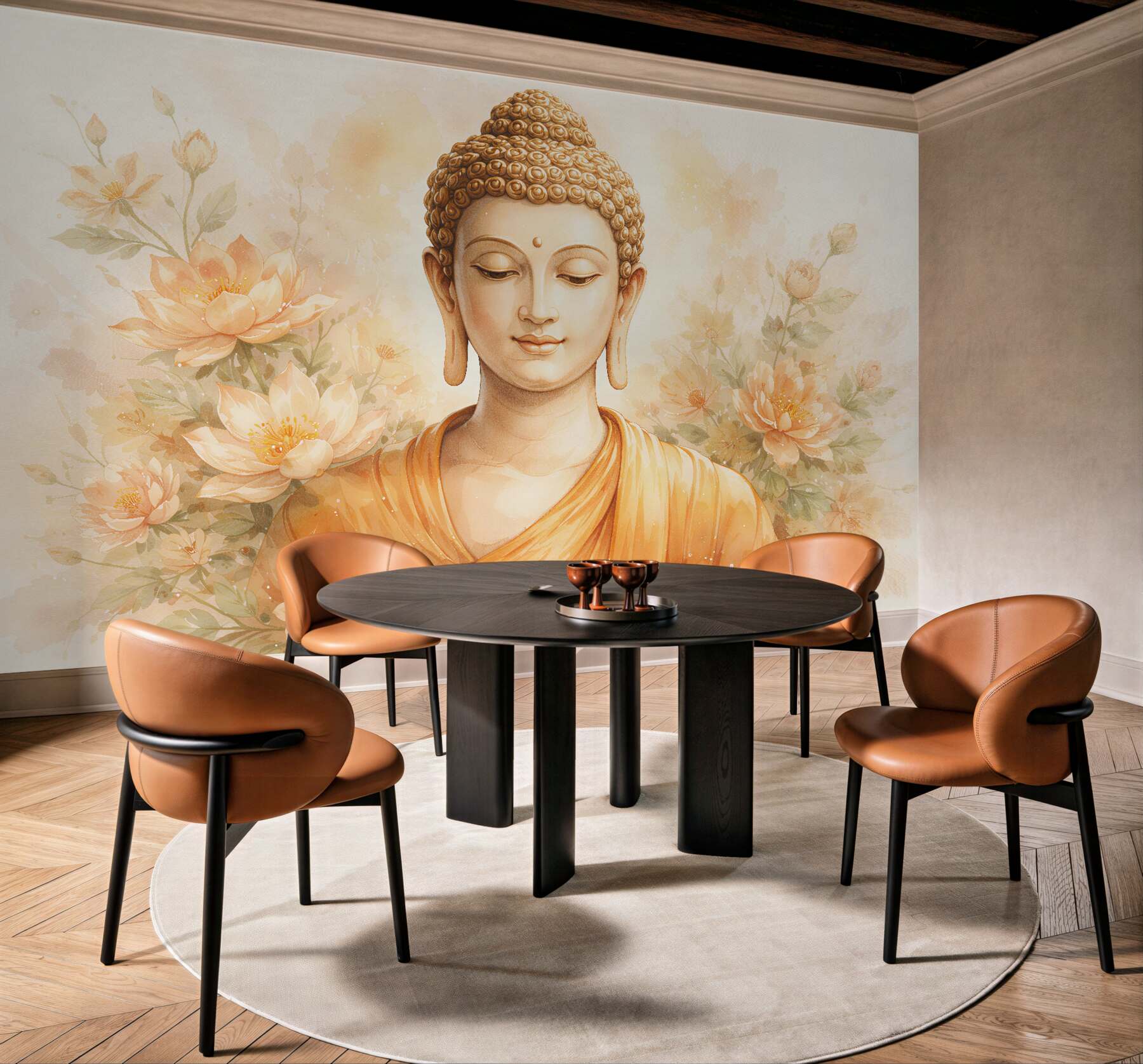 Fototapeta złoty budda w kwiatach