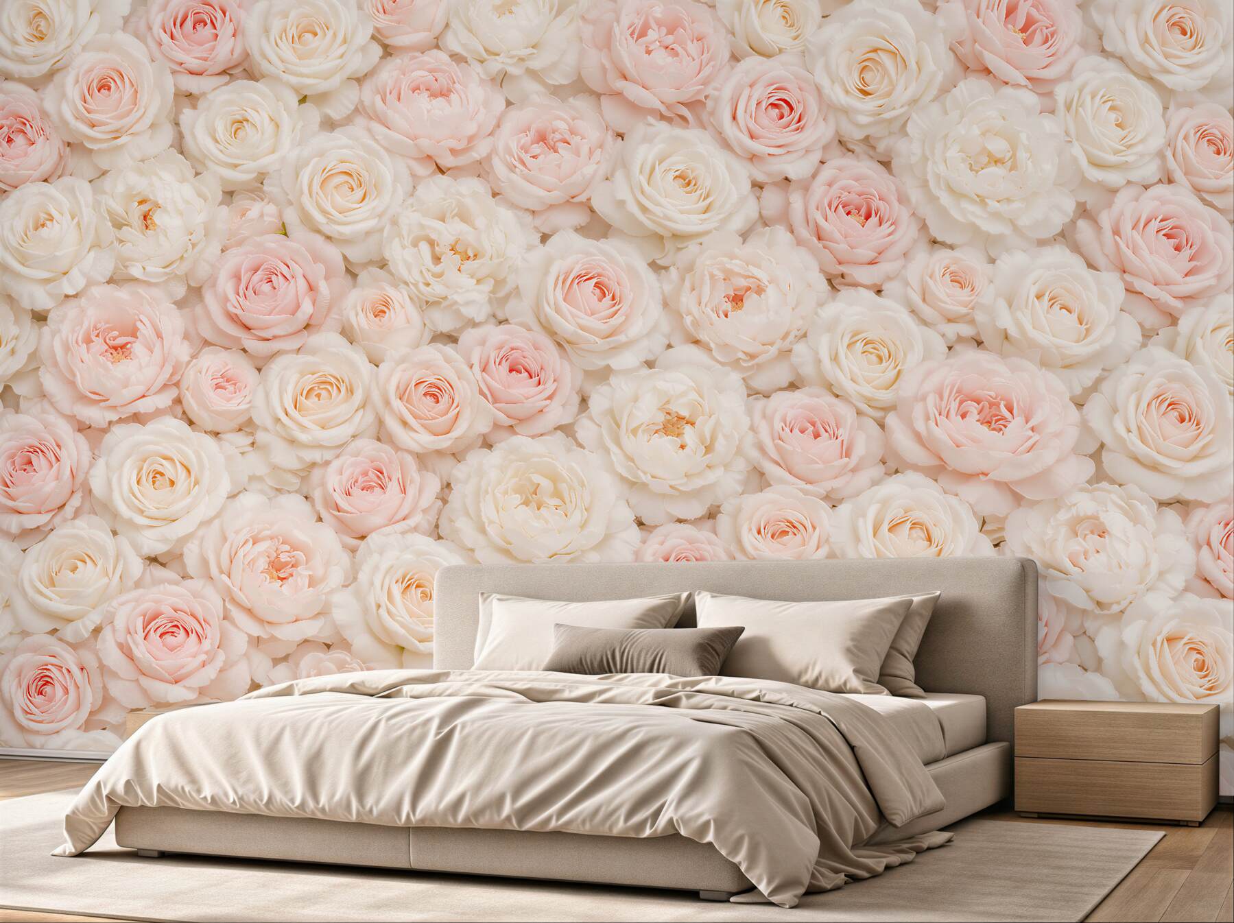 Fototapeta pudrowe róże i kremowe peonie