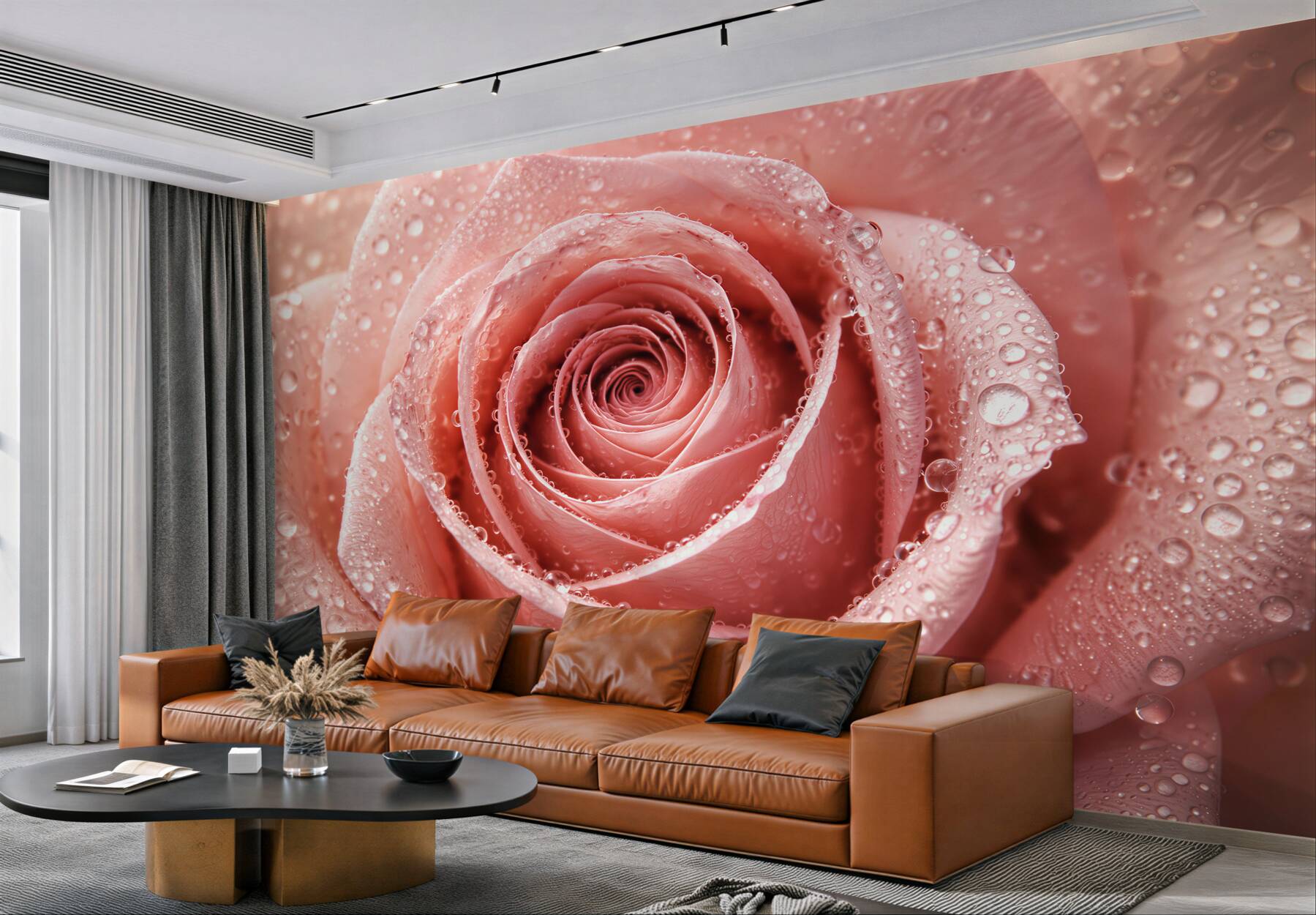 Fototapeta pudrowa róża w kroplach rosy