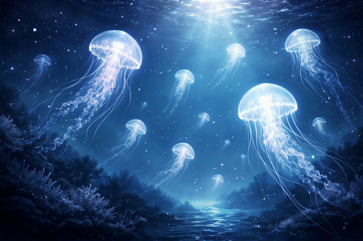 Fototapeta magiczne meduzy w nocnym oceanie