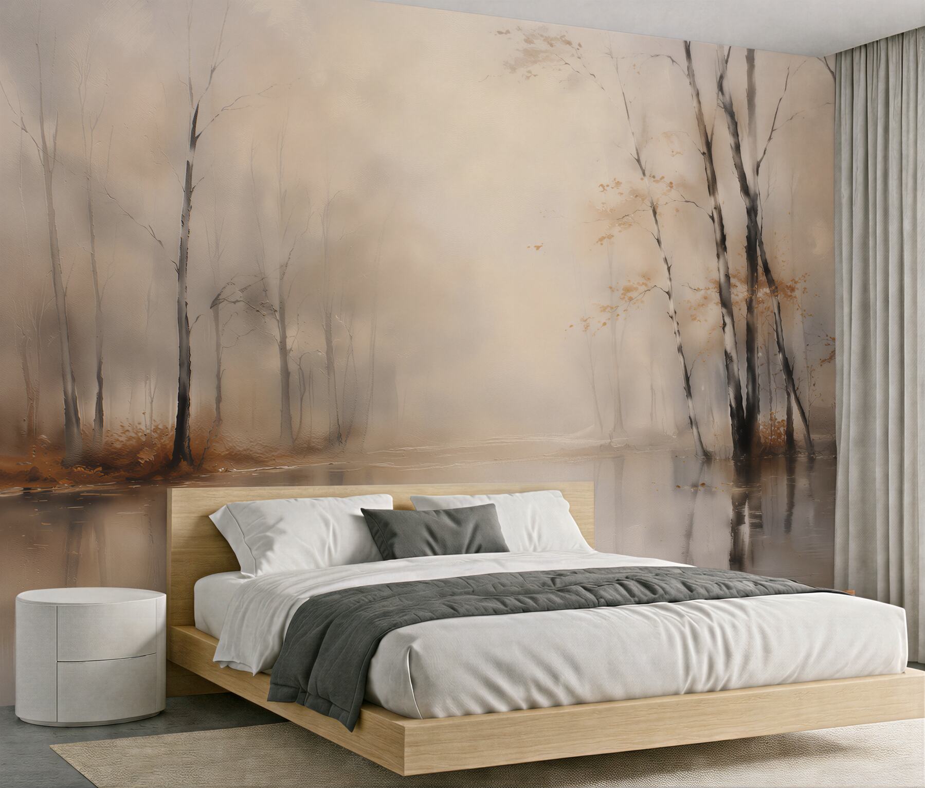 Fototapeta mglisty las nad spokojną wodą