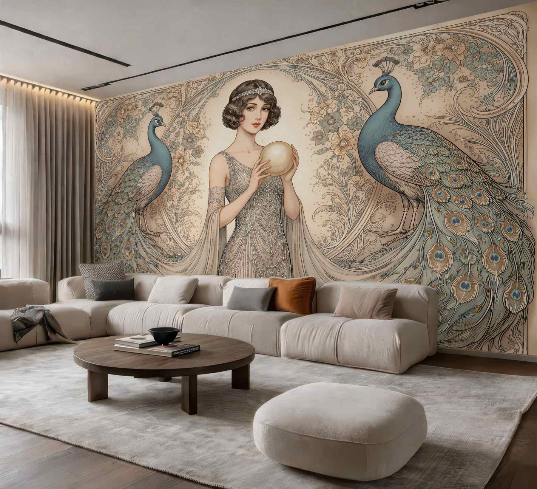 Fototapeta pawie i dama art déco