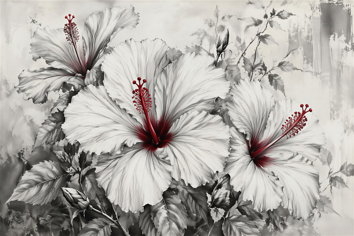 Fototapeta hibiskusy z czerwonym akcentem