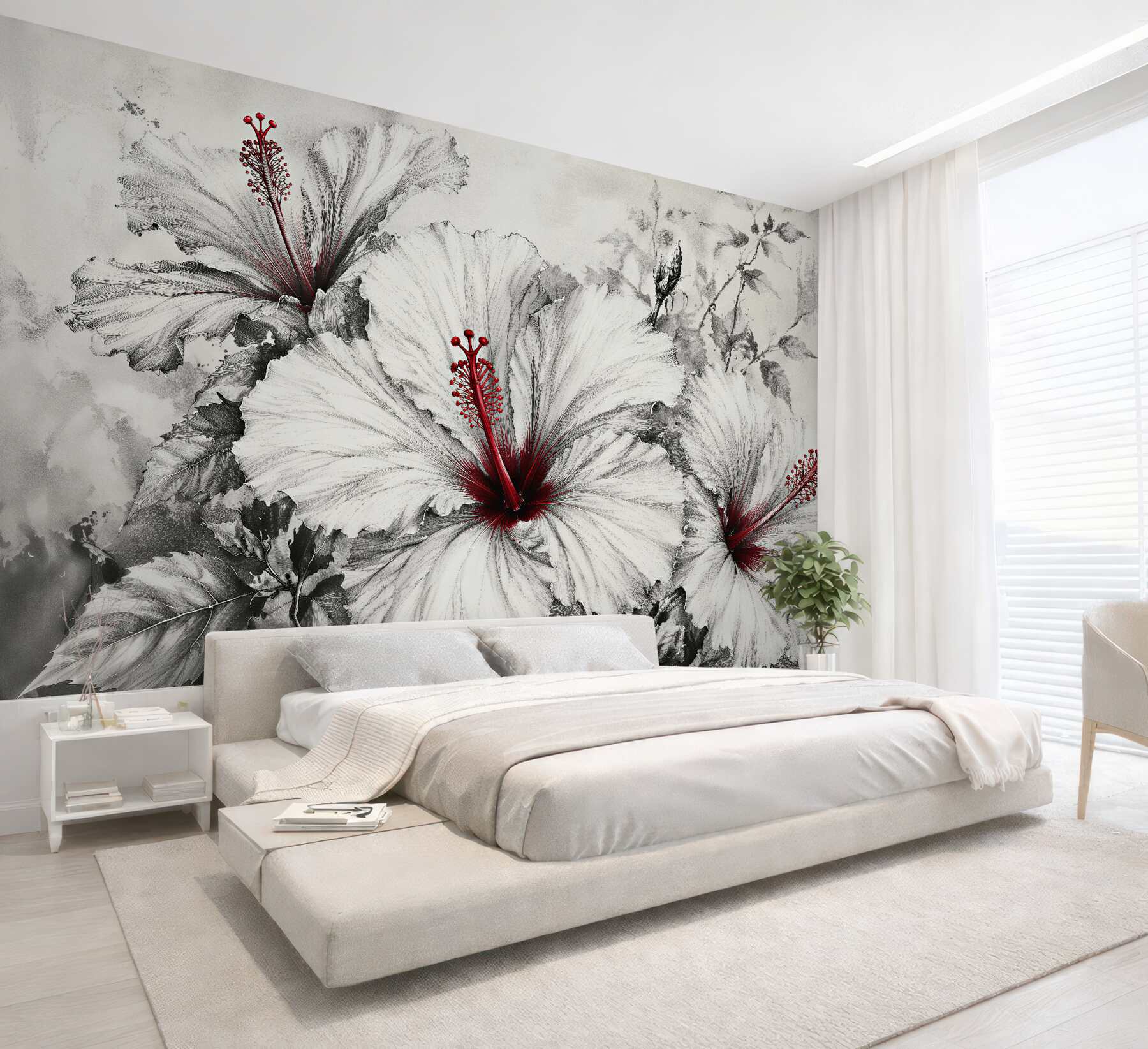 Fototapeta hibiskusy z czerwonym akcentem