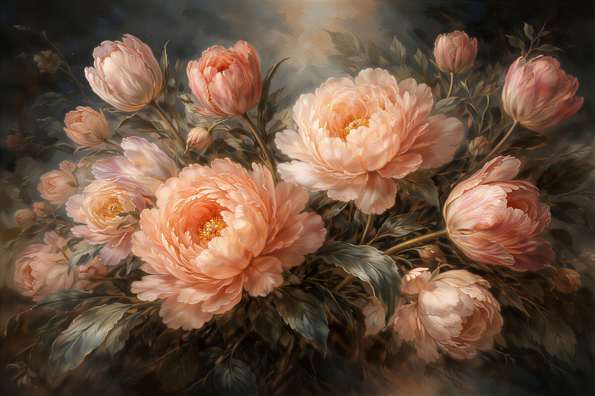 Fototapeta morelowe peonie w blasku zmierzchu
