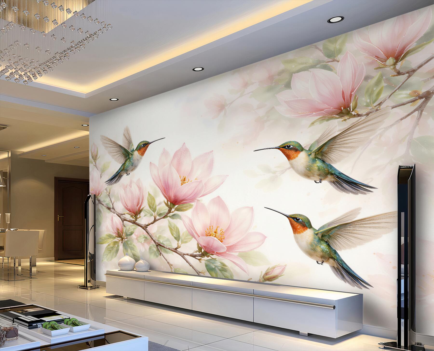 Fototapeta kolibry wśród różowych magnolii