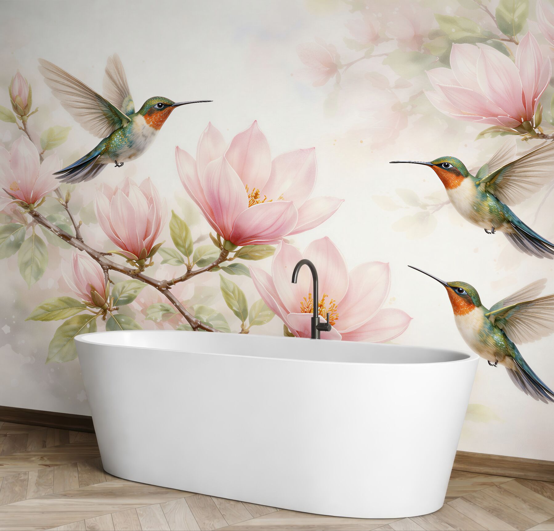 Fototapeta kolibry wśród różowych magnolii?v23