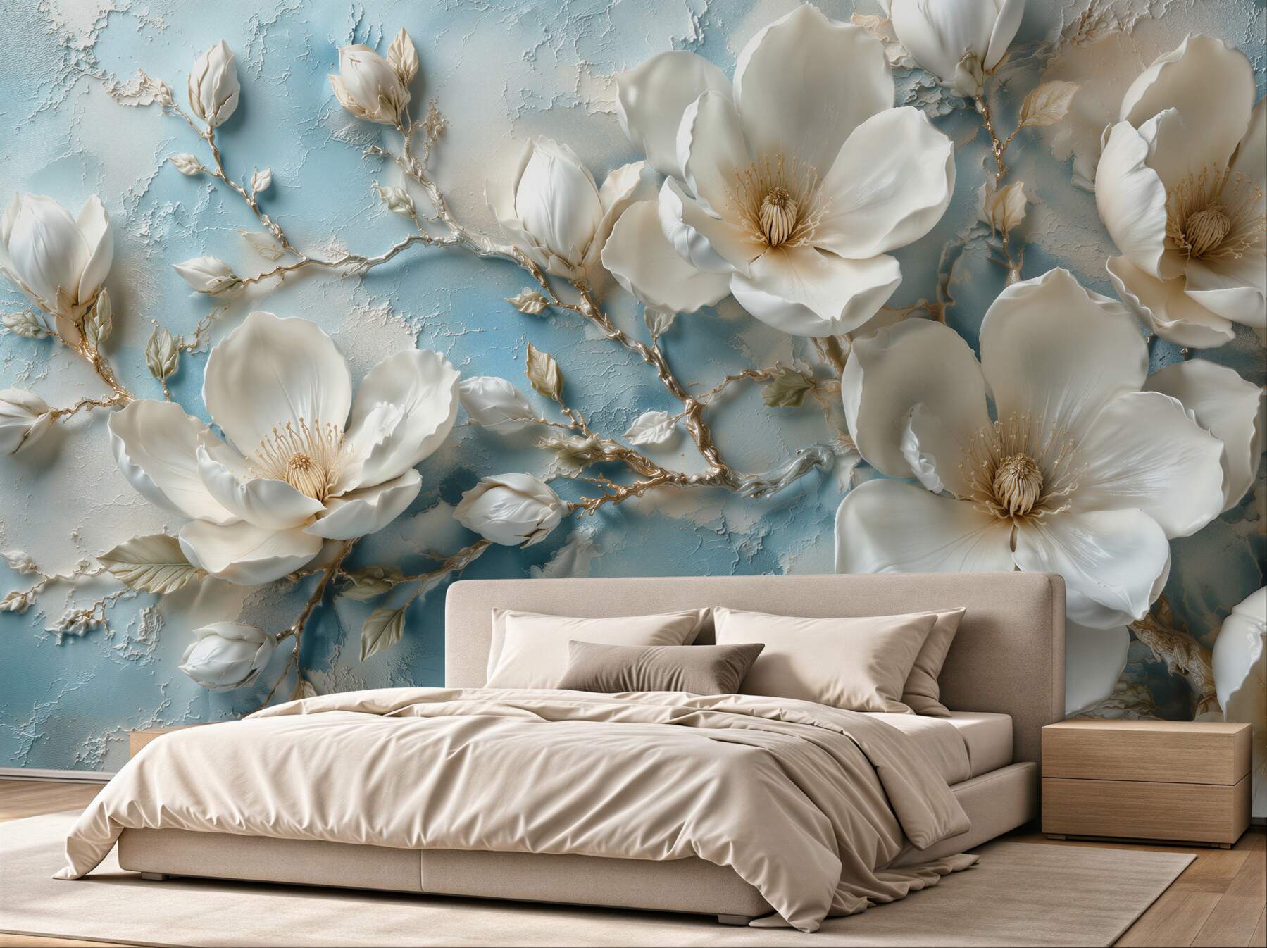 Fototapeta magnolie 3d na błękitnym tle