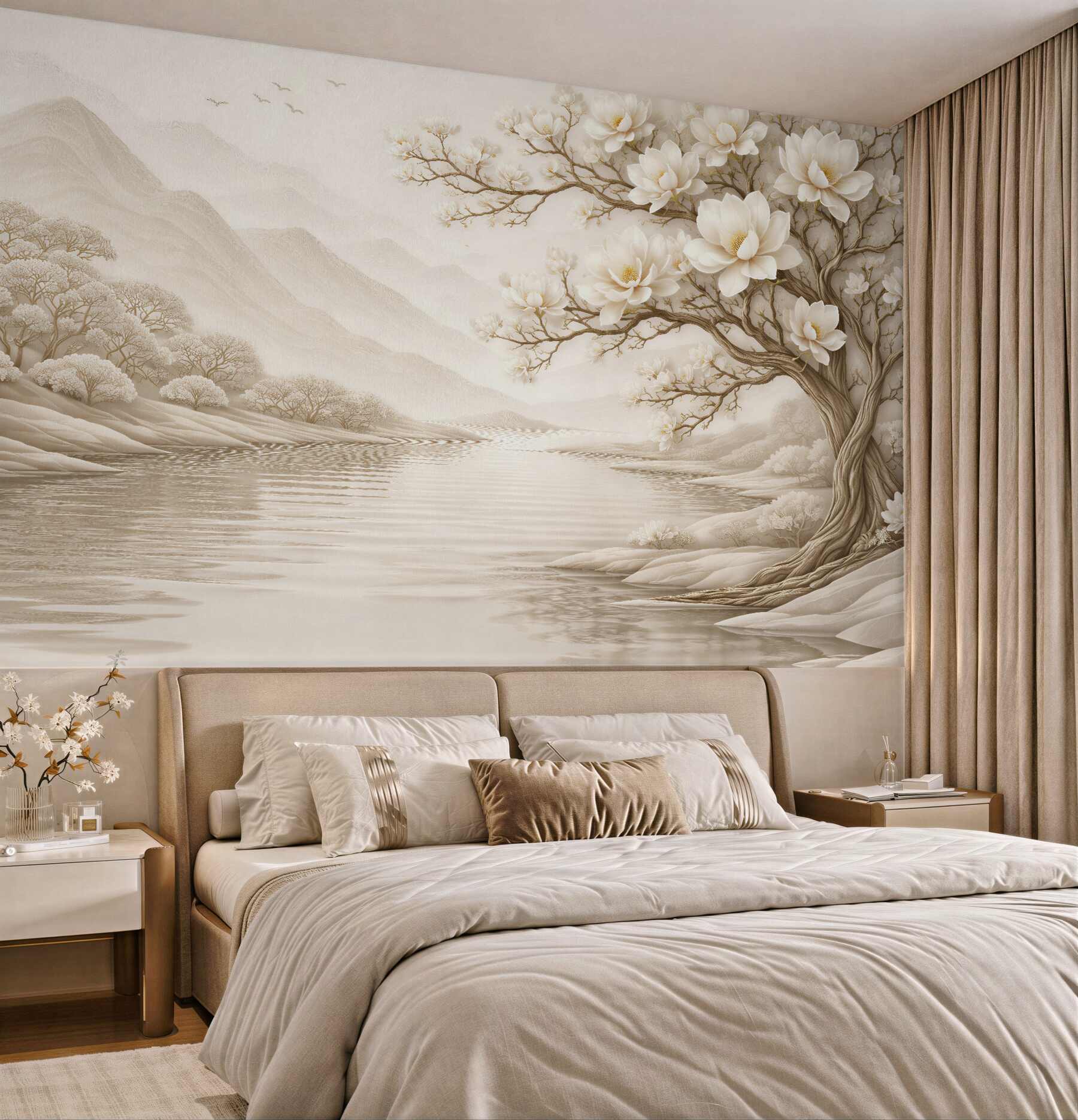 Fototapeta kremowa magnolia nad spokojną wodą?v23