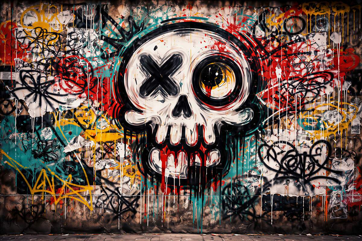 Fototapeta graffiti z czaszką uliczny chaos